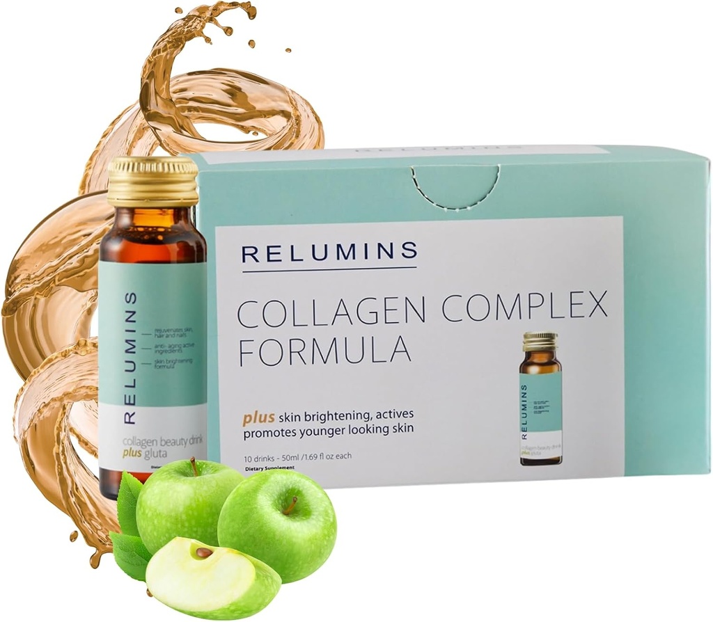 Relumins Advanced Collagen Beauty Drink with Glutathione, Hyaluronic Acid & Antioxidants - Post-Summer Skin Recovery &amp; Made in USA - Apple Flavor - 10 Botellas x 50mL