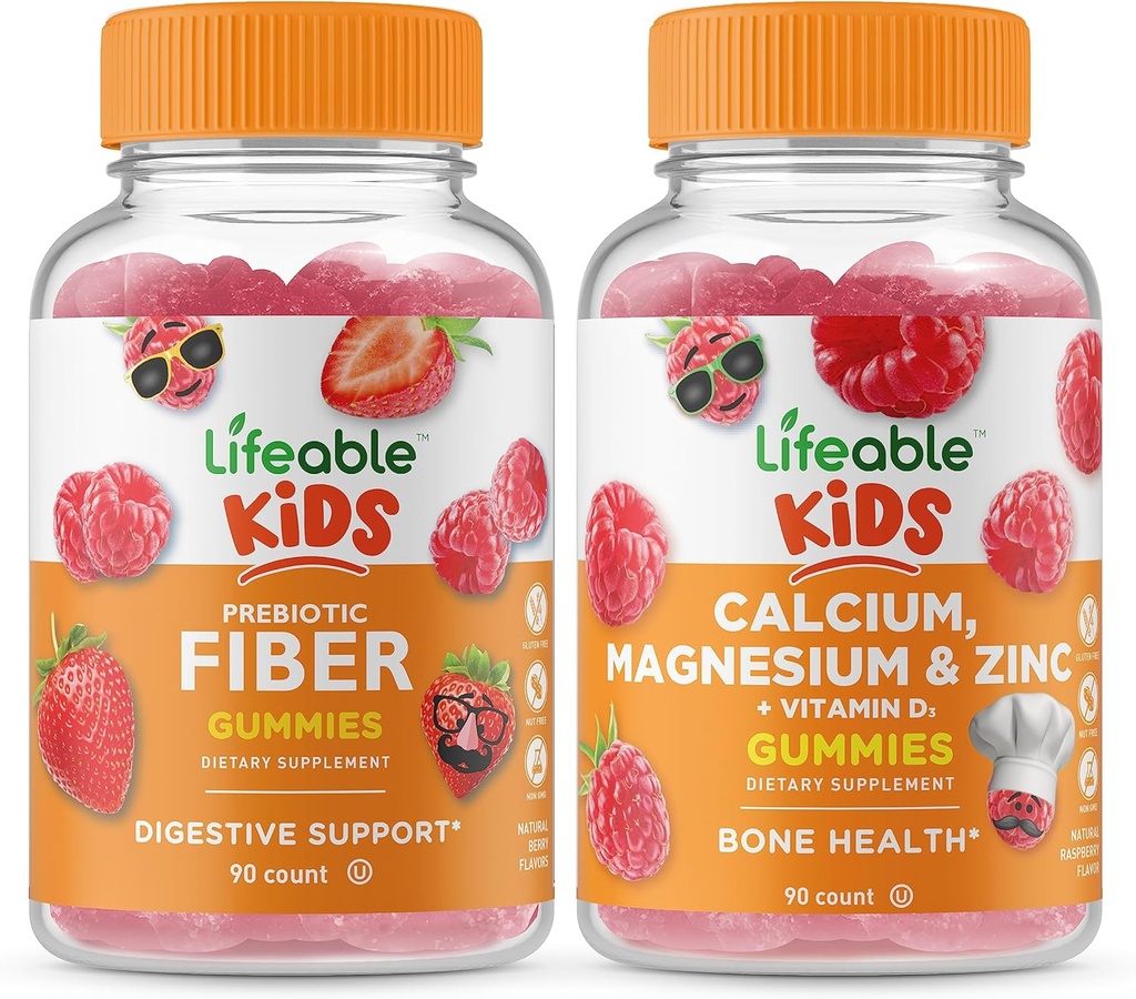 Niños de fibra prebiótica vital + magnesio de calcio &amp; niños de cinc, grupo de gummies - Tasting grande, suplemento de vitaminas, gratis de Gluten, GMO libre, goma picable