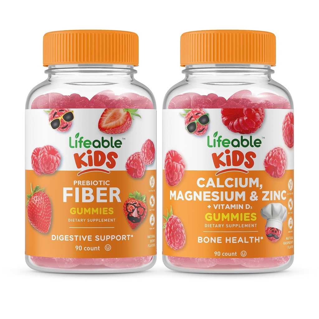 Niños de fibra prebiótica vital + magnesio de calcio &amp; niños de cinc, grupo de gummies - Tasting grande, suplemento de vitaminas, gratis de Gluten, GMO libre, goma picable