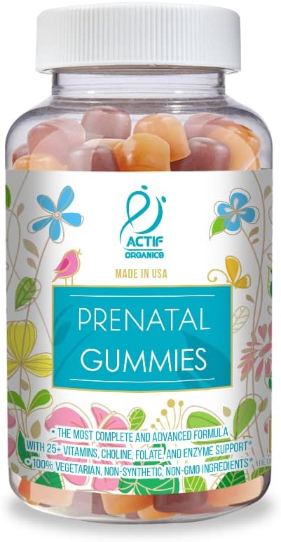 Actif Gummies prenatales con 25+ Vitaminas Orgánicas y Blend Orgánica Herbal - Non-GMO, 100% Vegetariano, 90 Conde, Made in USA