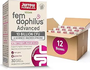 Fórmulas Jarrow Fem-Dophilus Avanzadas Probióticos 10 Billones CFU con 6 Estrechos Basados en Ciencias, para Vaginal, Urinary Tract, Digestive, e Immune Support, 30 cápsulas vegetarianas, Estante-Estable, Pack de 12