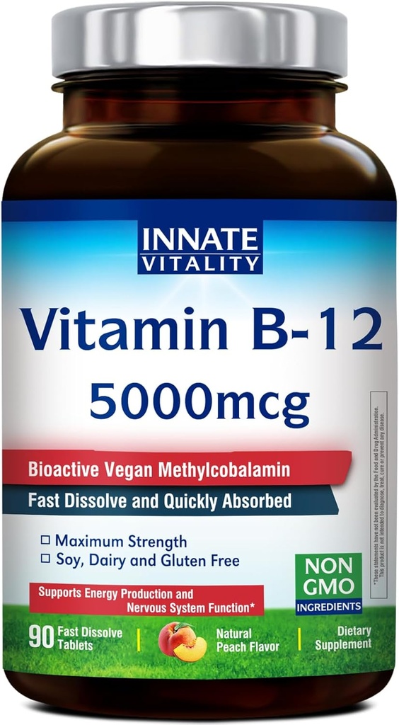Vitalidad innato Vitamina B12 5000mcg, Methylcobalamina sublingual, Metilcobalamina Vegana, Tablas de disuelve rápido, Flavor de Peach natural, apoya la producción de energía y sistema nervioso saludable, 90 Tabletas