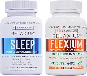 Relaxium Sleep " Joint Relief Bundle, Melatonin " Ashwagandha Sleep Aid + CurcuTame " Glucosamine Chondroitin, 60 capsules Cada uno, Drug-Free Support for Sleep " Joint Health