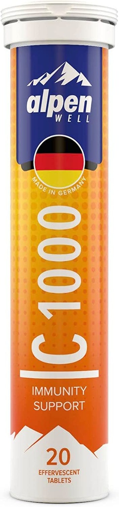 Bestseller - AlpenWell Vitamina C - 1000mg + Zinc - Immune Support - 20 Tablas de Bebida de Vitamina Efervescente, No Azúcar + Suplemento de Caloría Baja, Orange Flavor [Sugar Gratis]