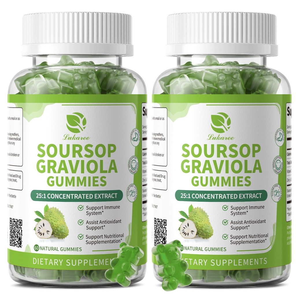 (2 Pack) Soursop Graviola Gummies - Soursop Leaves Extract w/Vitamin C, Zinc &amp; Whole Natural Food for Immunity, Liver, Zzz & Antioxidant, Gluten Free, Vegan, 120 Gummies