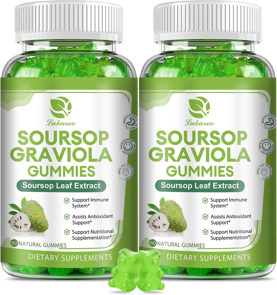 (2 Pack) Soursop Graviola Gummies - Soursop Leaves Extract w/Vitamin C, Zinc &amp; Whole Natural Food for Immunity, Liver, Zzz & Antioxidant, Gluten Free, Vegan, 120 Gummies