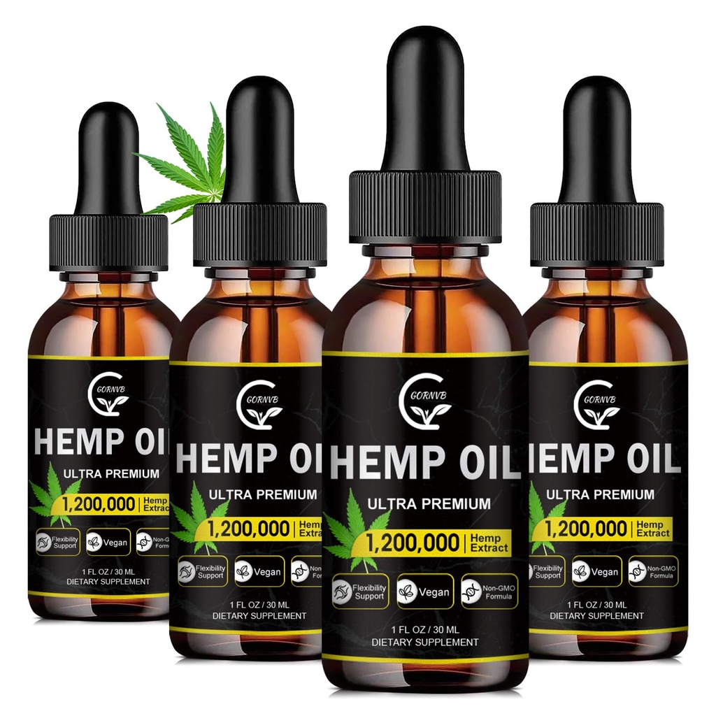 (4-Pack) Aceite de cáñamo de alta potencia - Fuerza máxima, Soporte de sistema inmunitario, calma de enfoque, relajación, orina, extracto puro, orgánico, vegano, no GMO
