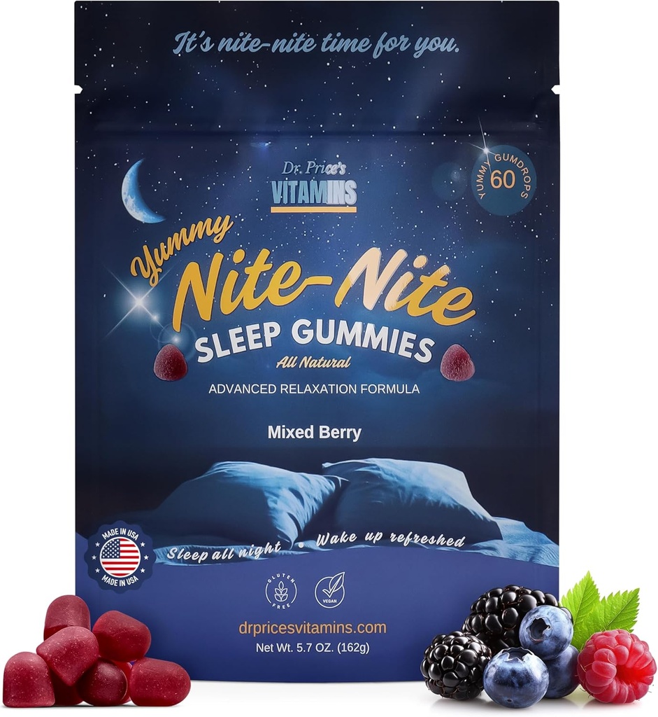 Dr. Price Sleep Gummies for Adults – 3mg Melatonin, L-Theanine, GABA & Herbal Blend – Mixed Berry Flavor, Gluten-Free Sleep Aid – 60 Count