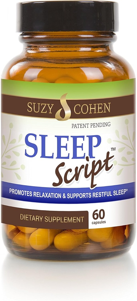 Suzy Cohen Sleep Script with Melatonin - Botanical Sleep and Relaxation Formula for Adults for Mood, Stress and Sleep, Contiene 5-HTP, L-theanine, Passionflower, Lemon Balm y GABA 60 Capsules.