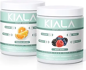 Kiala Nutrition Super Greens, Organic Greens Powder, Spirulina & Chlorella Superfood Powder, Sugar & Gluten Free Vegan, Spectra Blend, Tropical Slush, Mixed Berry 2 Pack