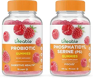 Phosphatidylserine (PS) + Probiotic 2 Billion CFU, Gummies Bundle - Gran Tasting, Suplemento de vitamina, Gluten Gratis, GMO Gratis, Chewable Gummy