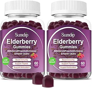 Elderberry Gummies with Zinc and Vitamin C Immune Support Herbal Dietary Supplements Berry Flavor Vegan Gummy Non-GMO Gluten Free 60 Gummies-2 Pack
