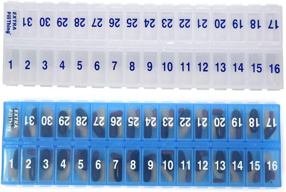 AM PM 31 Day Once-a Day Monthly Pill Planner Organizer - Large Compartment Pill Boxes Store Medicamentos para el Mes entero Plus Compartimiento para Píldoras Extras (AM/PM Clear &amp; Blue) BPA Gratis