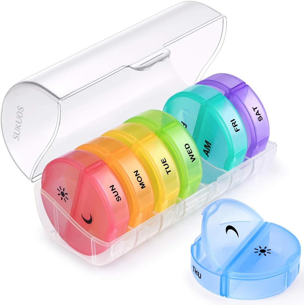 Sukuos gran organizador semanal de píldoras 2 veces al día, Daily Pill Box 7 Día Fácil de abrir con doble protección, AM PM Caso de píldora para la medicina/Vitamin/Fish Oil/Supplements (Clear)