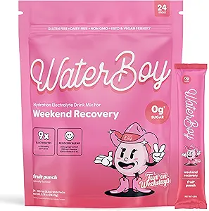 Waterboy Weekend Recovery x FOW ← 3,200mg Electrolyte Powder Packets  Ginger + L-Theanine + Vitamins  No Sugar, All Natural, Gluten Free ← 24 Drink Stick Mixes (Fruit Punch)