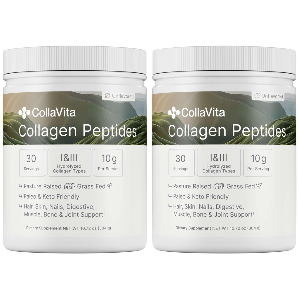 CollaVita Collagen Peptides (2 Month Supply) Grass-Fed Pasture-Raised Hydrolyzed Collagen Powder, Type I & III Hair, Nails, Skin & Joints, Non-GMO, Paleo & Keto, Unflavored 10 oz 2 Pack 30 Serving x 2
