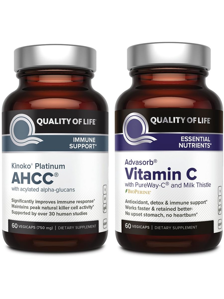 Quality of Life AHCC Kinoko Platinum and Advasorb Vitamin C - Immune Support Bundle