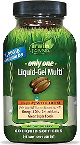 Irwin Naturals Only One Liquid-Gel Multi with Iron - 60 Liquid Softgels - Daily Essential Vitamins, Minerals, Antioxidantes, Omega-3s & Green Super Foods
