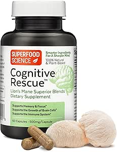 Rescate Cognitivo, Capsulas Mane Mushroom de León w/ Mane Dual Extract, Nootropics, Brain Supplement for Memory and Focus, Mushroom Immune Support w / B Vitamins Complex, BioPerine, 60 cápsulas