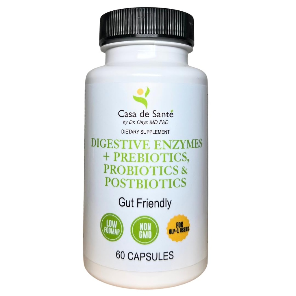 Casa de Sante FODMAP Digestive Enzymes with Probiotics Prebiotics & Postbiotics - GLP-1 Support | Low FODMAP Gut Friendly 4-in-1 | 18 Enzymes + 6 Billion CFU | MD PhD Developed | 60 Veg Capsules