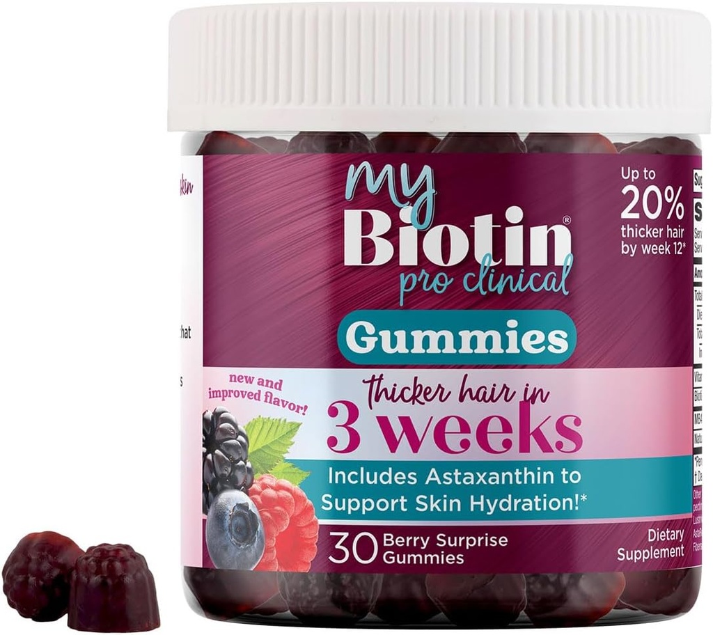 Productos de pureza MyBiotin ProClinical Gummies - Cabello delgado que empieza en 3 semanas & Fights Wrinkles - MB40X Biotin Matrix w/Astaxanthin - 40X Más Soluble vs Ordinary Biotin 30 Berry Gummy Chews