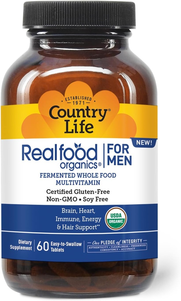 Country Life RealFood Organics for Hombre – 60 Tablets Ø 1.300mg Organic Fermented Whole Foods, 7-Mushroom Superfood & Aloe – Certified Gluten-Free, Vegan &amp; USDA Organic Multivitamin