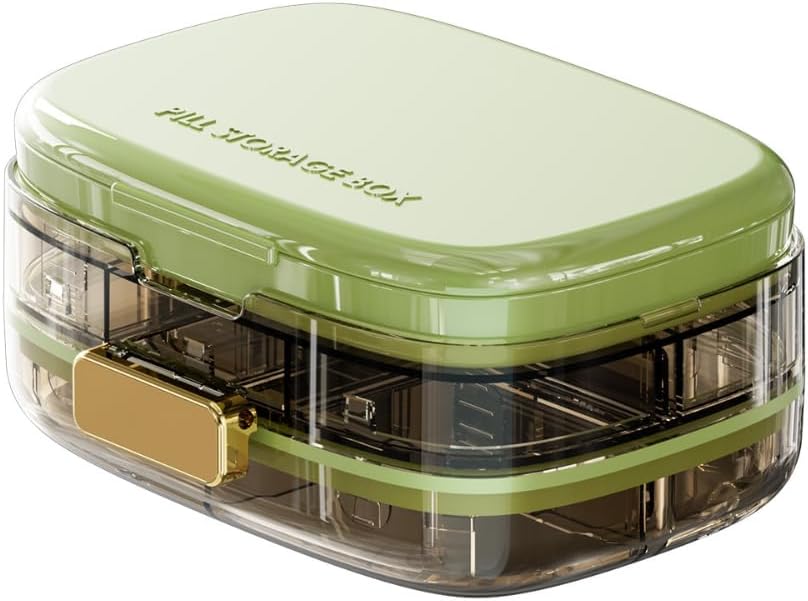 Pill Organizer with Extra Compartment for Plasters & Swabs, Portable Medications &amp; Supplements Container, Large Pill Case for Both Home " Travel (Green)