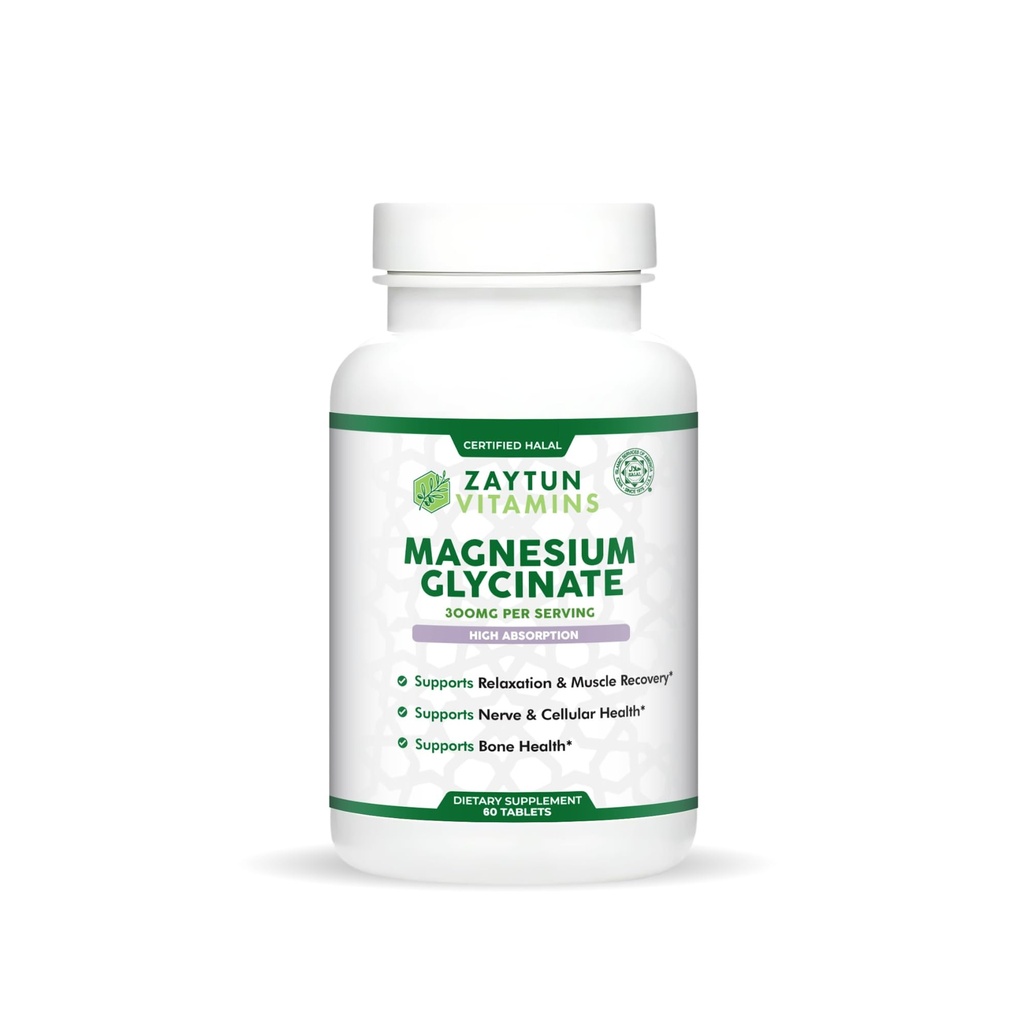 Zaytun Halal Magnesium Glycinate 300mg, High Absorption, Gluten and Gelatin Free, Non-GMO, Vegetarian, 60 Tablets, Made in USA