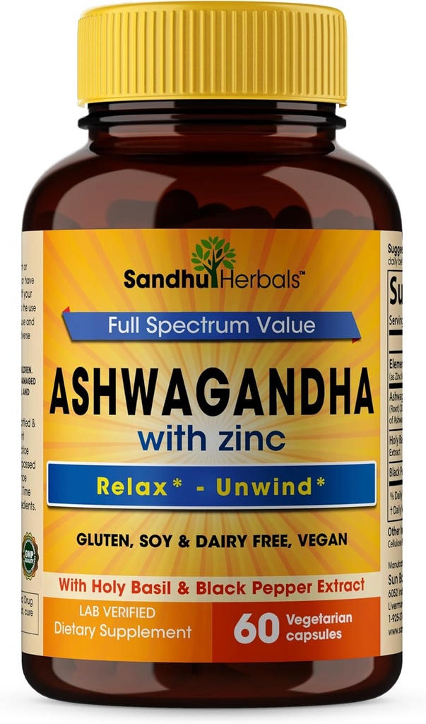 SANDHUHERBALS Sandhu Herbals Ashwagandha Supplement | 60 Organic 4 in 1 Capsules, 1 Month Supply | with Zinc, Black Pepper and Holy Basil Extract | Supports Immune Health | Non-GMO