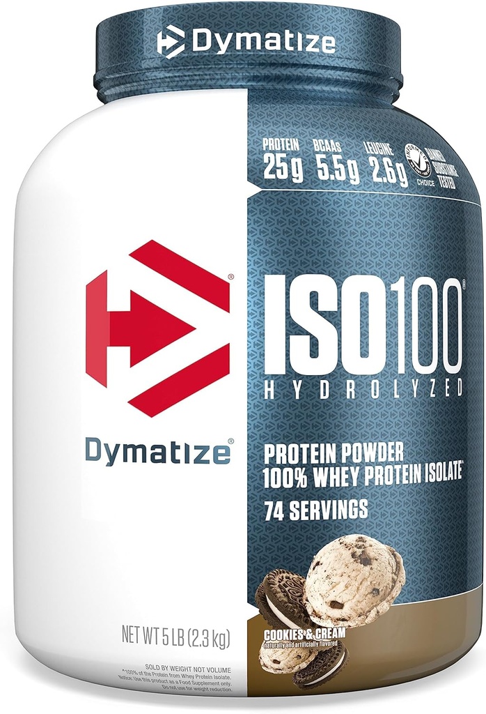 Dymatize ISO100 Whey Protein Powder Isolate, Cookies &amp; Cream, 25g de Protein, 5 libras, 5.5g BCAAs, Menos Than 120 Cal., Gluten Free, 1g Fat, 1g Sugar, 2g Carb (74 Servings)