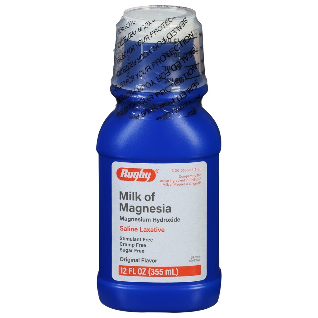 Rugby Milk of Magnesia Magnesium Hydroxide Saline Laxative – Stimulant, Cramp & Sugar-Free - Original Flavor – 12 Fl Oz