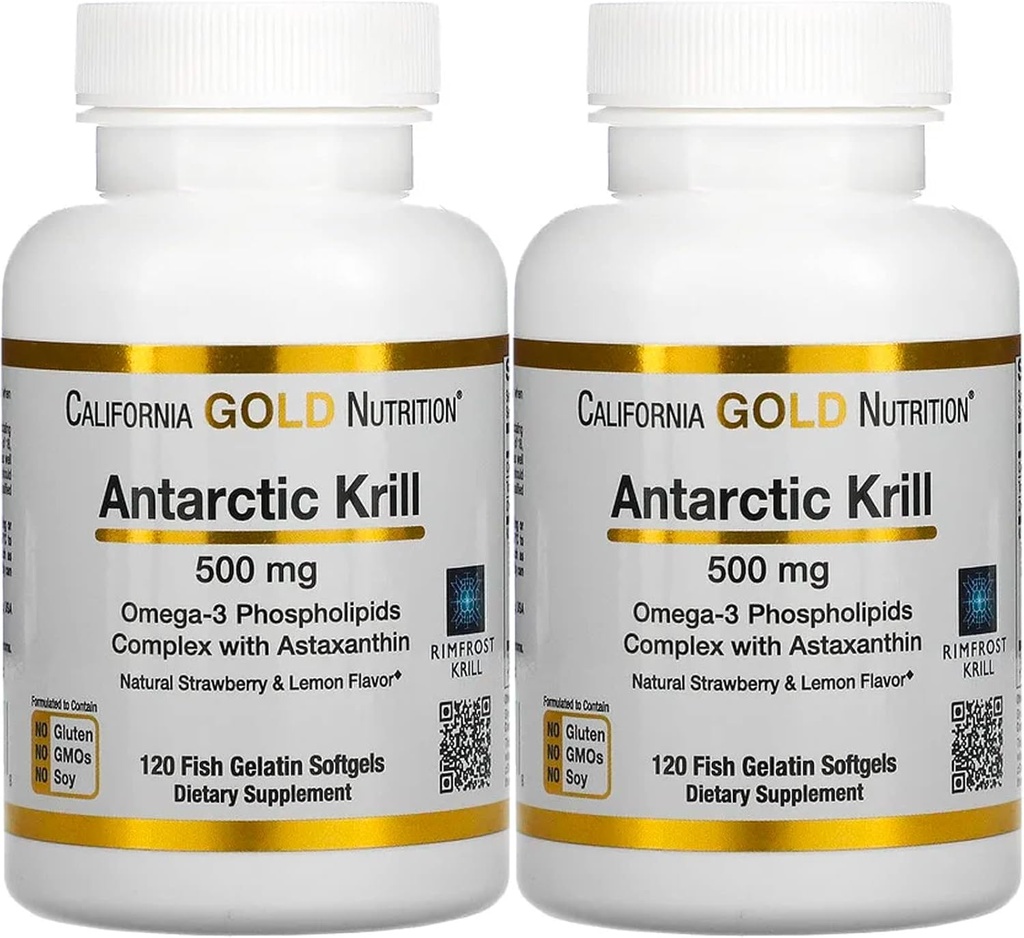 California Gold Nutrition Antarctic Krill Oil, Ultra-High Omega-3 with Astaxanthin, Natural Strawberry & Lemon Flavor, Non GMO, Gluten Free, 500 mg, 120 Fish Gelatin Softgels, 2 Pack