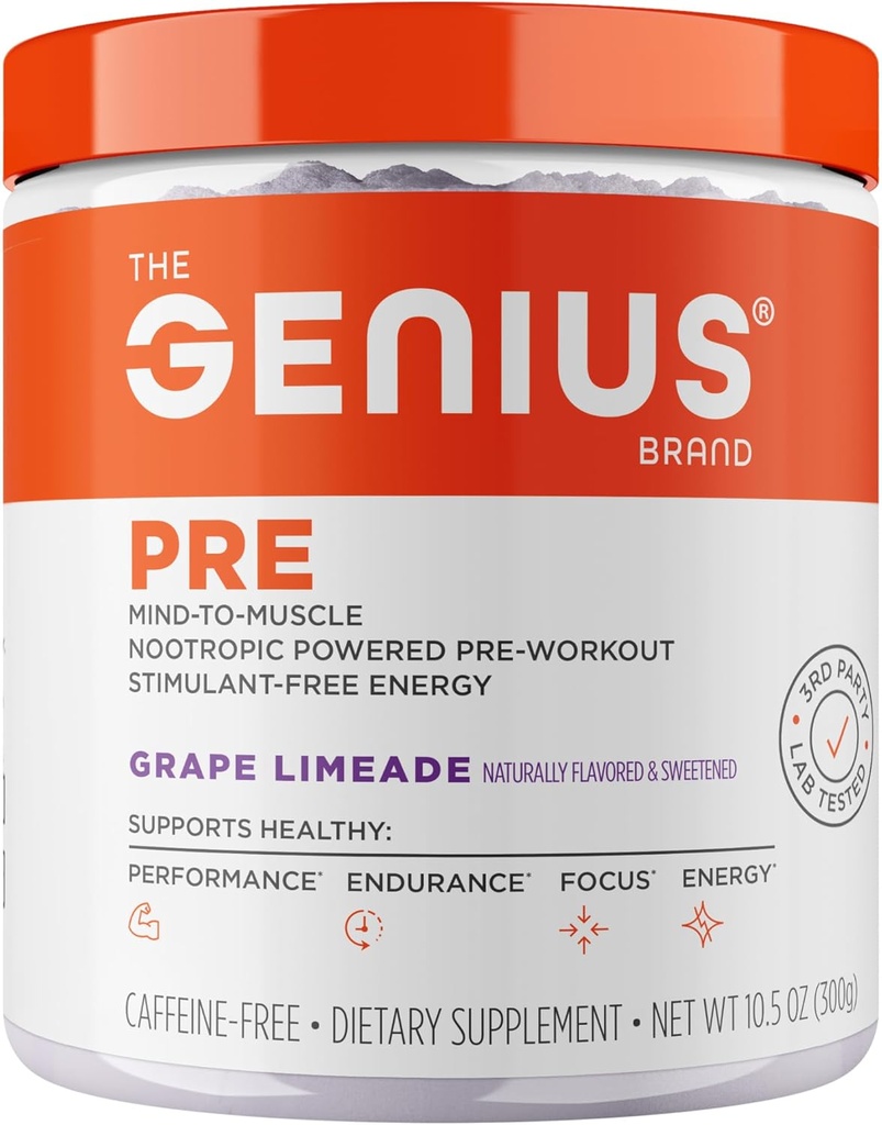 Genius Pre Caffeine-Free Pre Workout Boosted Energy, Focus, Performance Nootropic Formula AlphaSize, Citrulline Malate, CarnoSyn Beta Alanine Endurance, Stamina, Recovery, 20 Servings - Grape Limeade