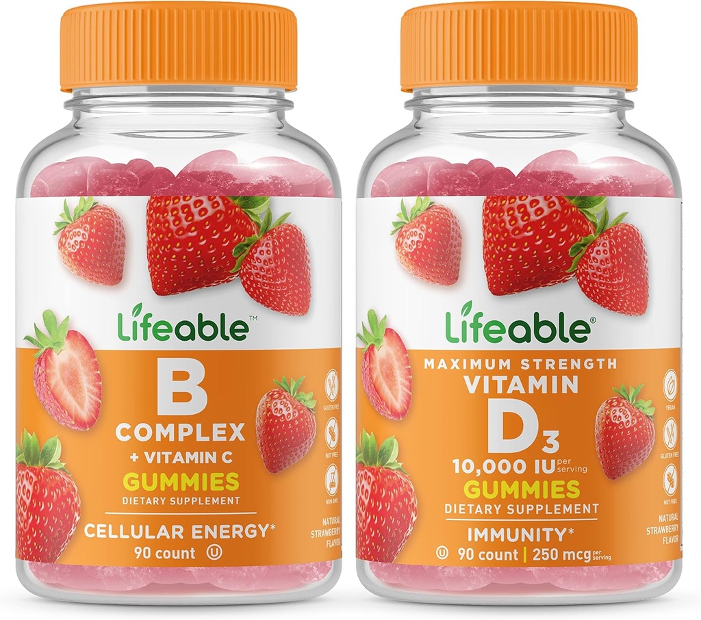 Complejo B Lifeable + Vitamina D 10000 UI, Empaquetado de Gummies - Gran Tasting, Suplemento de vitaminas, Gluten Gratis, GMO Gratis, Chewable