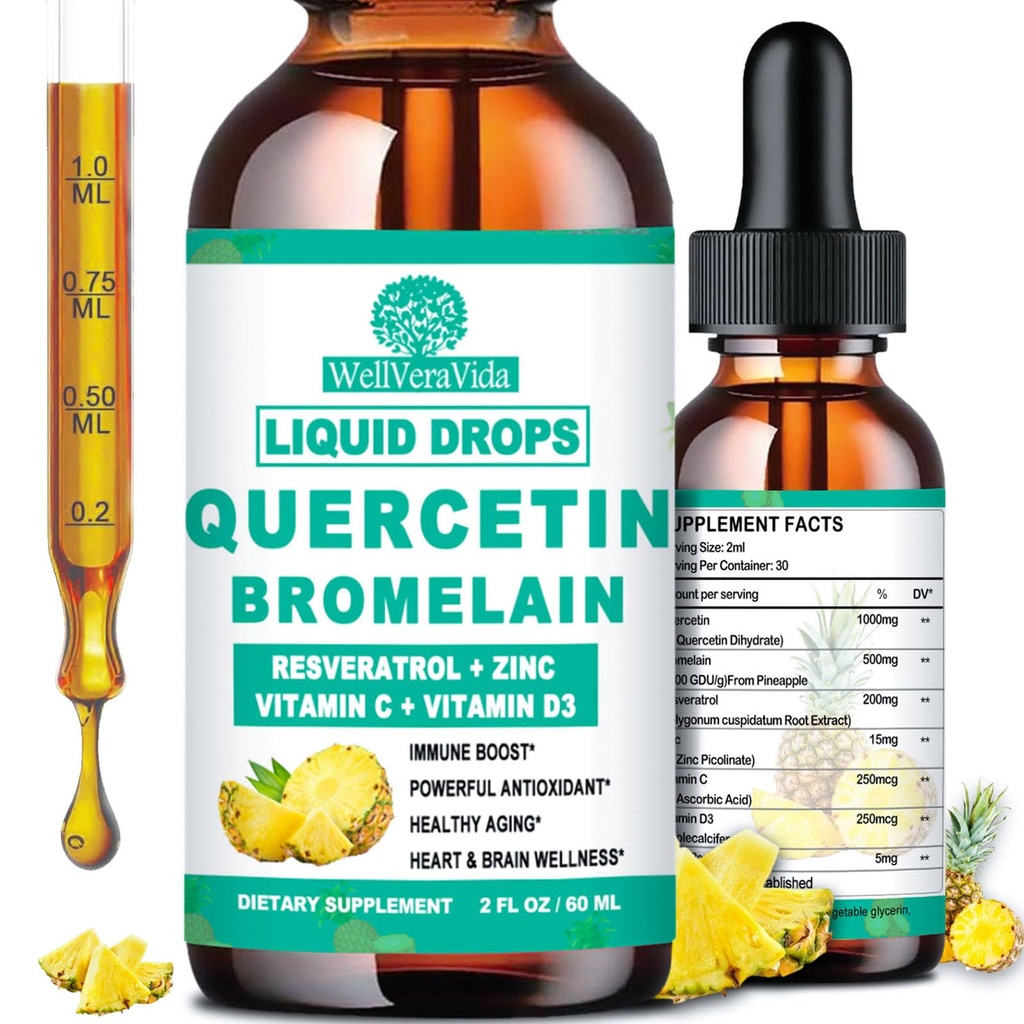 Quercetin with Bromelain Liquid Drops, 4X Stronger Than Capsules & Pills, 7-in-1 Organic Zinc Quercetin 1000mg with Bromelain 500mg Vitamin C D3 Immune Support for Respiratory Health & Antioxidant