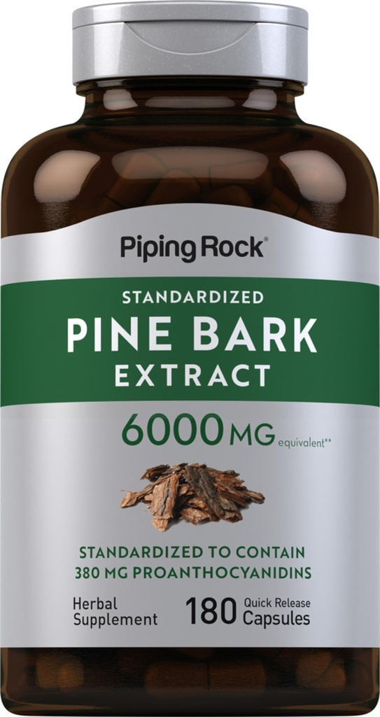 Piping Rock Pine Bark Extract Capsules | 180 Capsules | Standardized Supplement | Non-GMO, Gluten Free