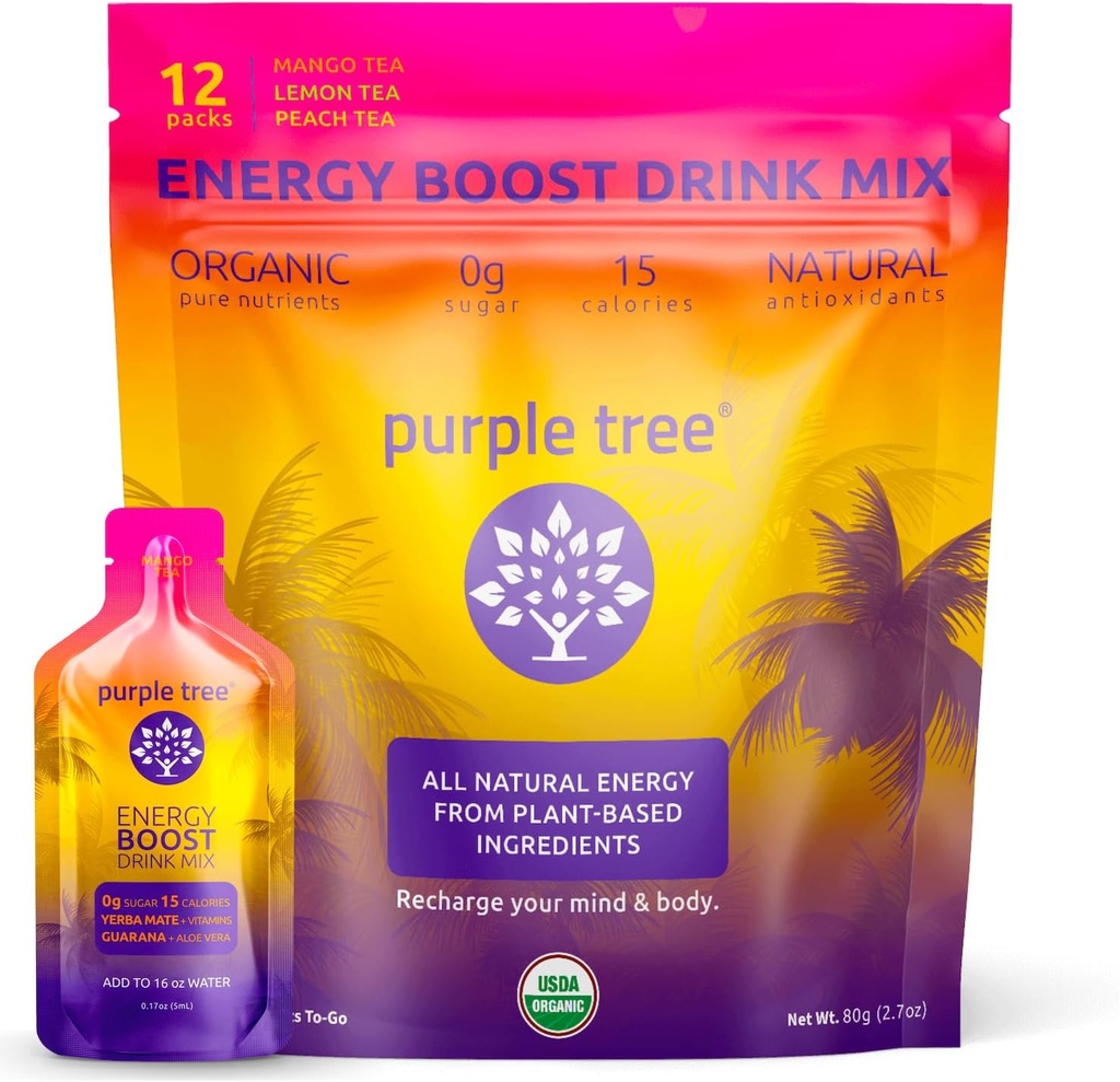purple tree Organic Energy Stick Packets – Zero Sugar, 80mg Natural Caffeine from Yerba Mate & Guarana, with B12 Vitamins for Smooth, Crash-Free Energy – Lemon Iced Tea Flavor, 12 to-Go Packs