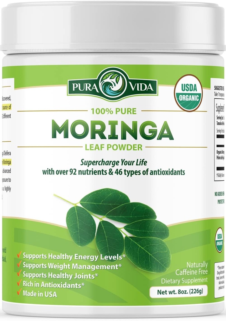 PURA VIDA MORINGA Powder Orgánica Individual Origin - Premium 100% Leaf Powder, USDA Orgánica Moringa Oleifera, Moringa Leaf Powder - Perfecto para Smoothies & Recetas. 8 oz.