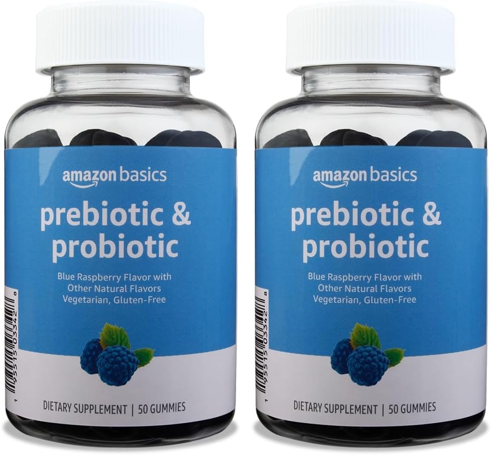   Basics Prebiotic & Probiotic Gummies, 2 Billion CFU, Blue Raspberry, 50 Count (2 per Serving) (Previously Solimo) (Pack of 2)
