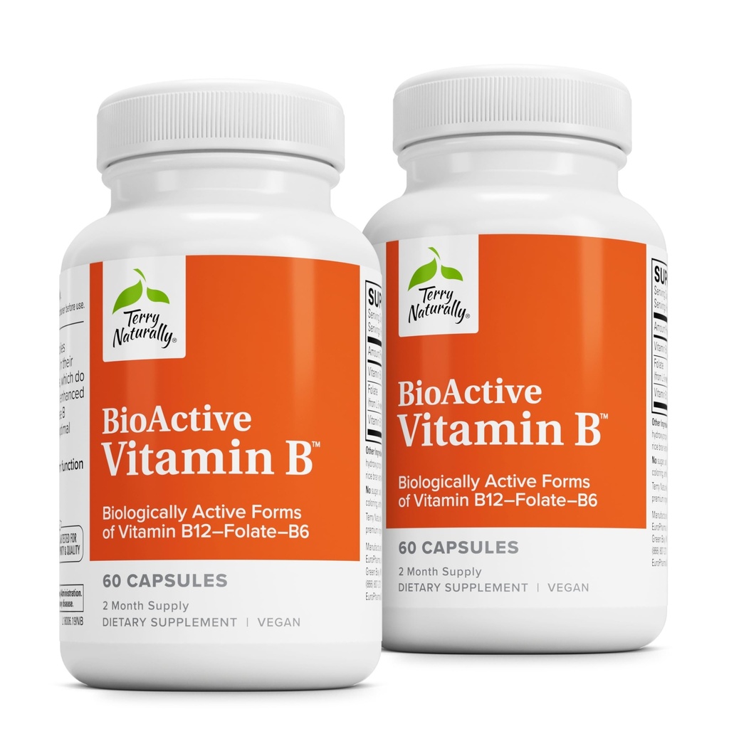 Terry Naturally BioActive Vitamin B - Aid Heart Health with Bioactive B Vitamins - Supplement with Folate & Calcium - B Complex Vitamin to Aid Nervous System Function - 60 Capsules (Pack of 2)