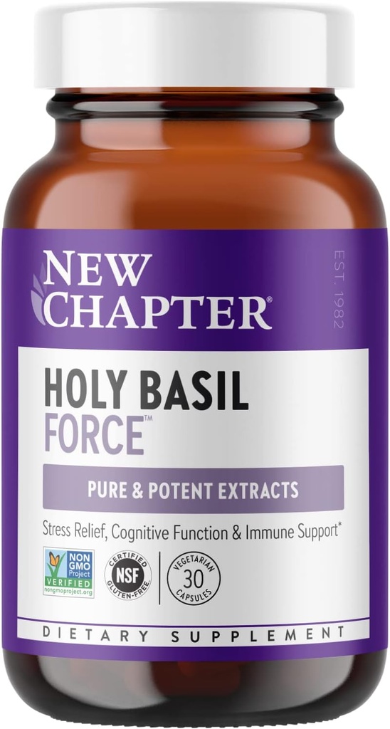 Nuevo capítulo de alivio de estrés Suplemento - Fuerza de Basilio Santa con Basil Santo Supercrítica para soporte de estrés + Soporte inmunitario + Ingredientes no transgénicos - cápsulas vegetarianas, 30 condes