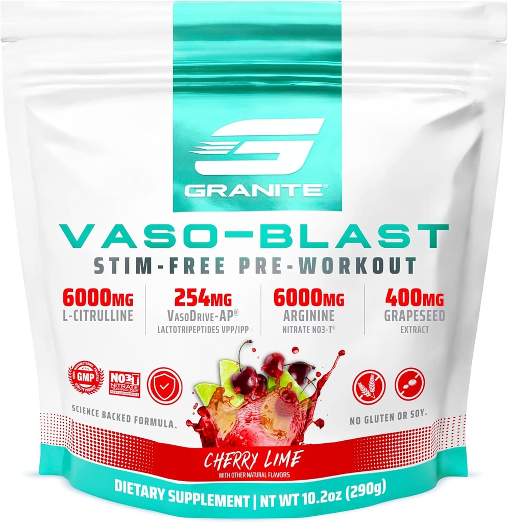 Suplementos de granito Vaso Blast, Cherry Lime Flavor, Stimulante-Free Pre Workout para Hombres con Extracto de Grapeseed, Arginine Nitrite, & VasoDrive-AP para Max Pump (20 Servings)