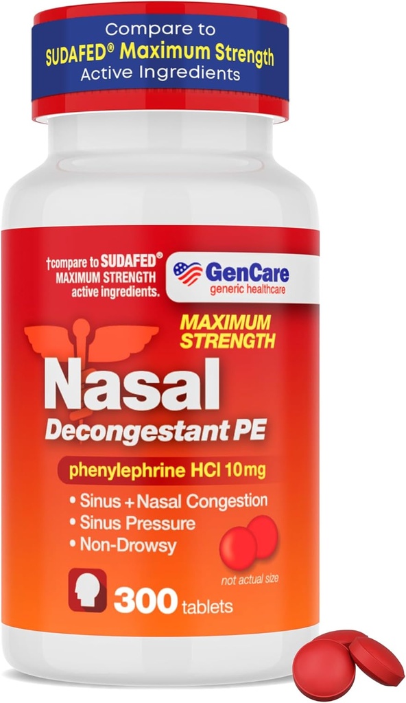 GenCare - Nasal Decongestant (10mg Tablets) Phenylephrine HCl (300 Tablets Por Bottle)