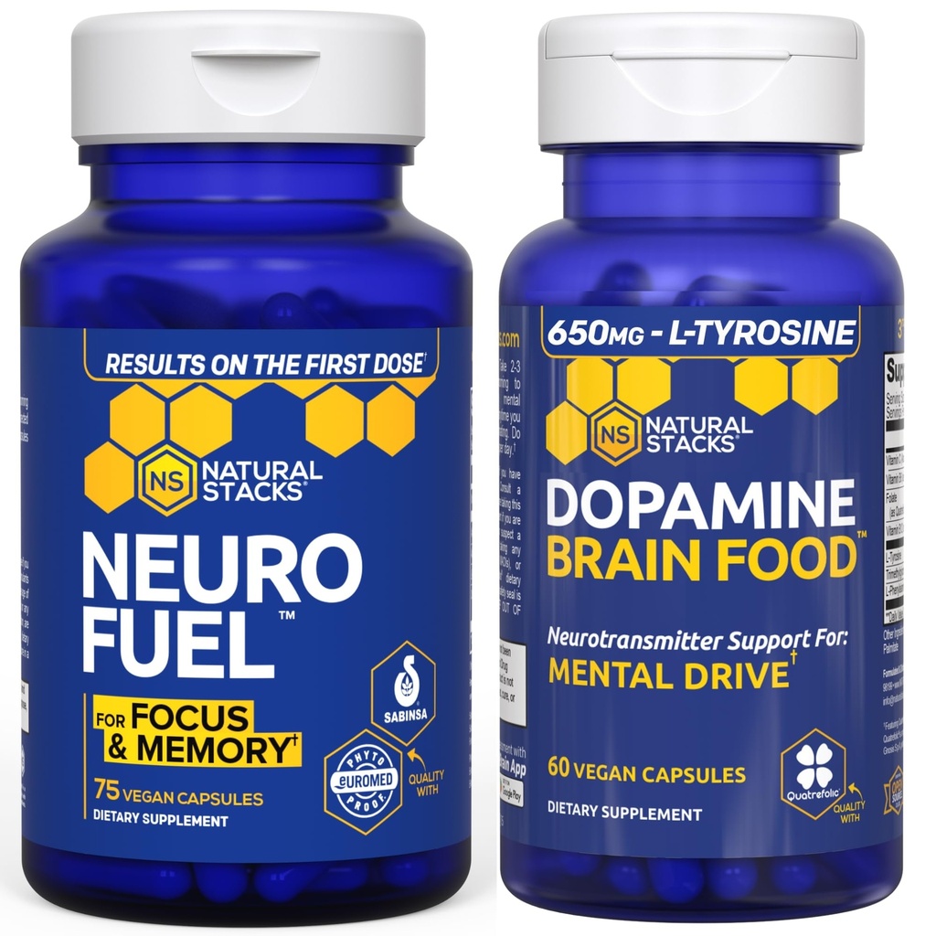 NATURAL STACKS NeuroFuel Nootropic + Dopamine Brain Food Bundle - Supports Memory, Motivation & Focus* - 135 cápsulas totales