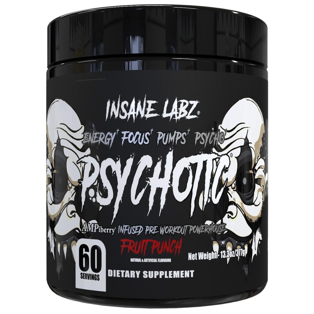 Insane Labz Psychotic Black Edition Mid Stimulant Pre Workout Powder, Energy Focus Pumps, Loaded with Creatine Beta Alanine Taurine Fueled by AMPiberry, 60 Servings (60, Fruit Punch)