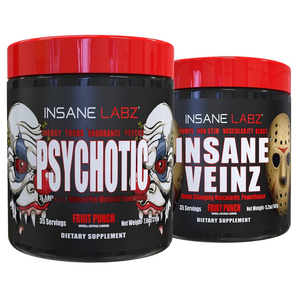 Insane Labz Psychotic and Insane Veinz Pre Workout Nitric Oxide Booster Stack, Increase Vascularity, Strength, Energy, Focus, Fruit Punch