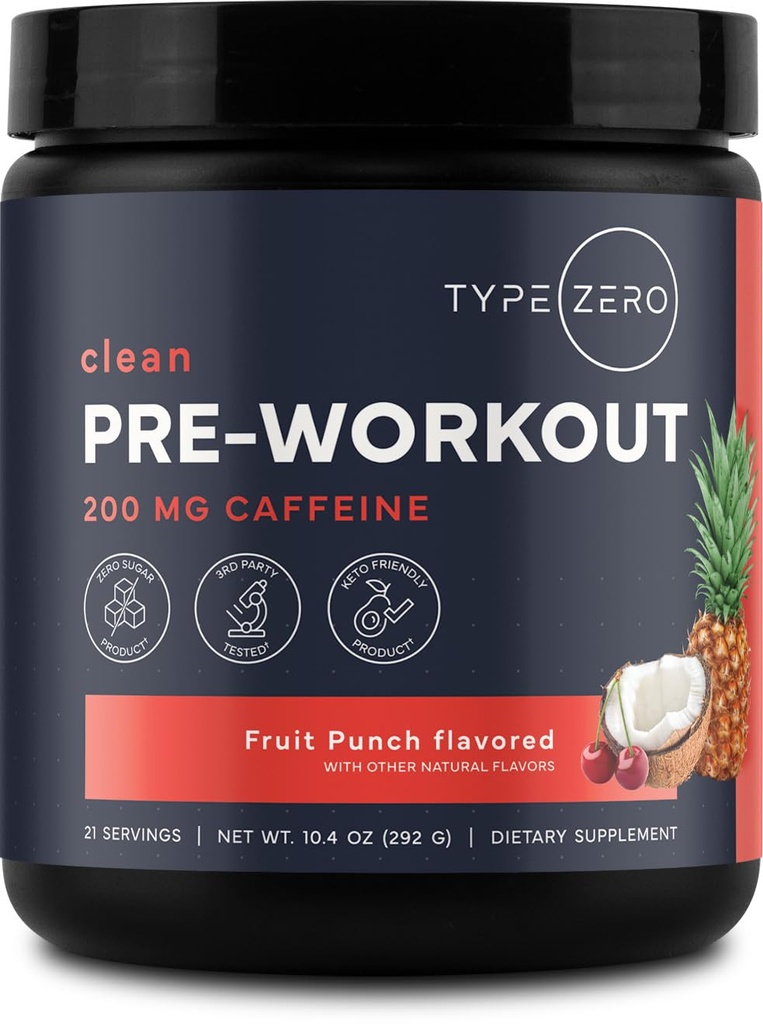 Type Zero Clean Pre Workout Powder - 200mg Natural Caffeine, L-Citrulline Malate, Beta Alanine, Alpha GPC, Huperzine A, Himalayan Salt - Sugar Free, 21 Servings, Fruit Punch