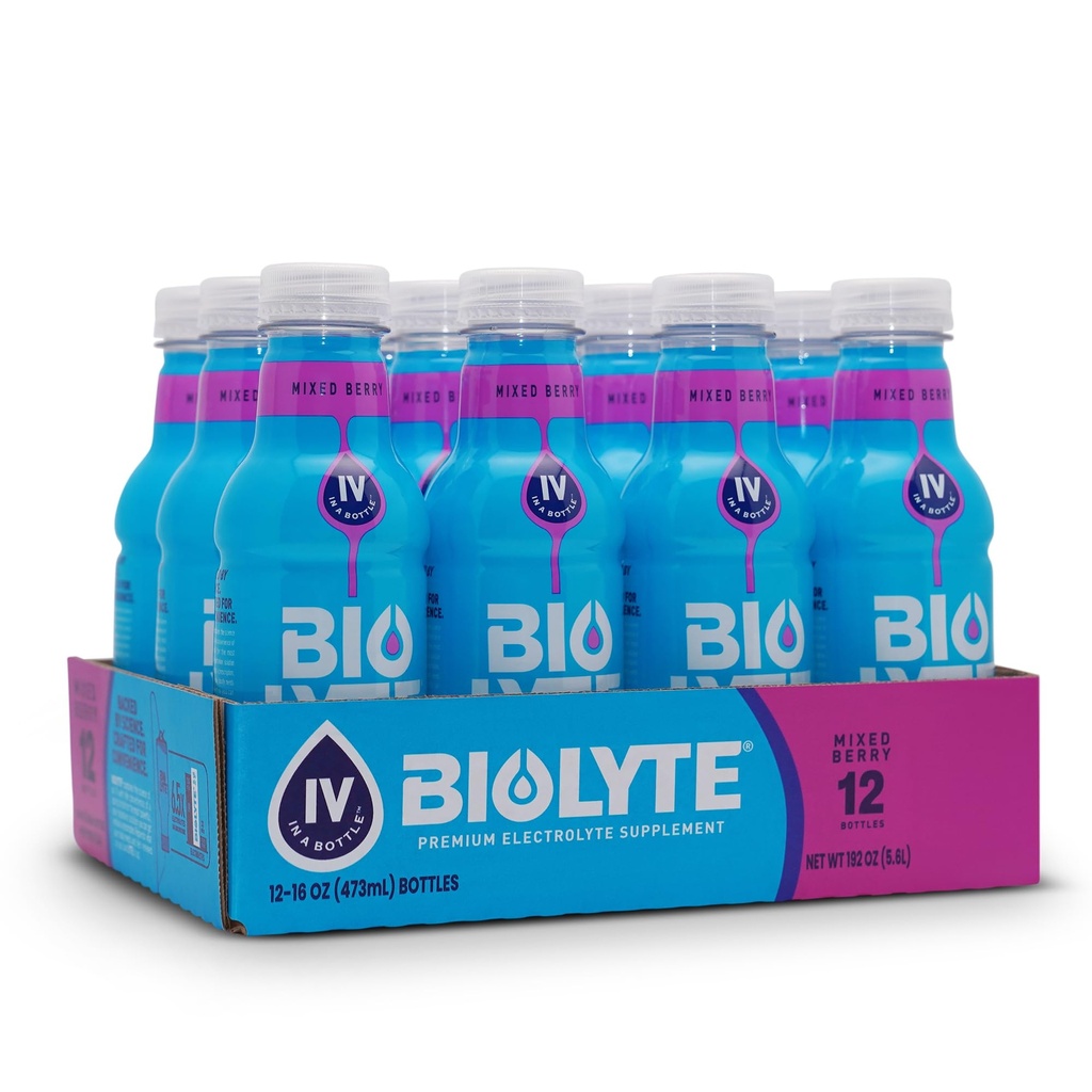 BIOLYTE Electrolyte Drink - Doctor-Formulated Hydration Drink, Electrolytes Water, Chemotherapy Must Haves for Women &amp; Men, Rehydration IV Liquid in a Bottle- Mixed Berry, 16 Fl Oz (12 Pack)