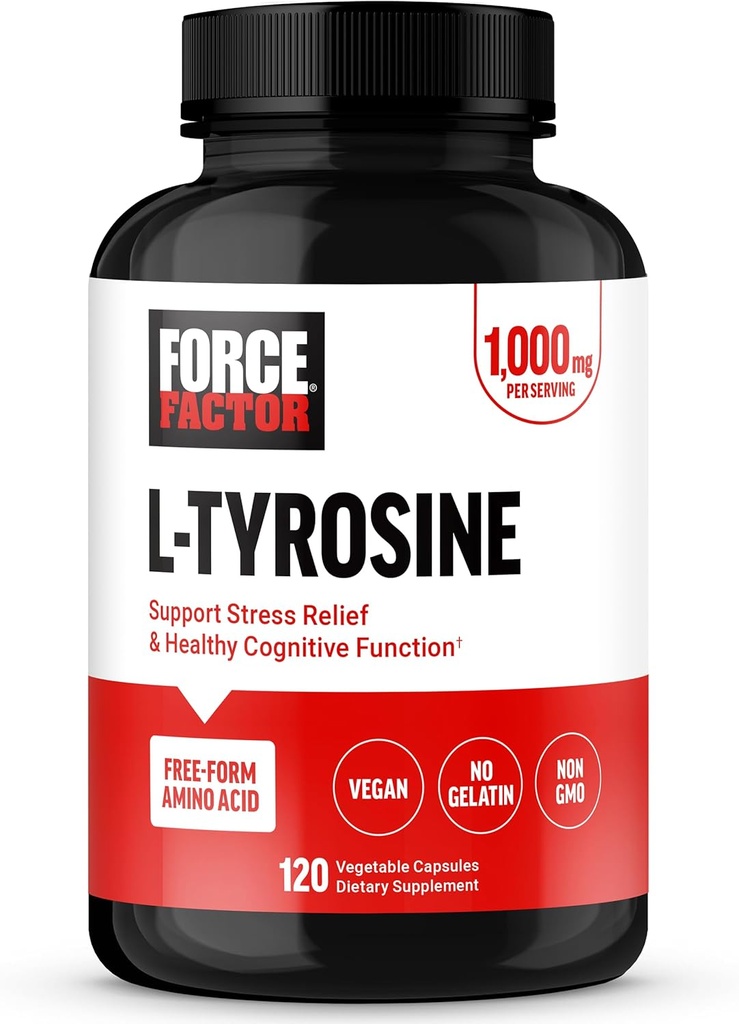 FORCE FACTOR L Tyrosine Stress Relief Supplements, L-Tyrosine Brain Health Supplements for Adults, L-Tyrosine 500mg Capsules, Free Form, Vegan, No Gelatin, Non-GMO, 120 Capsules