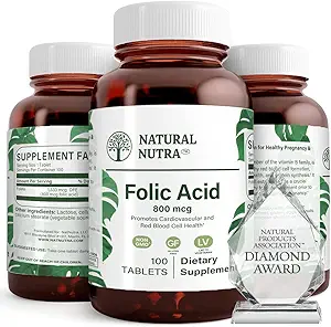 Natural Nutra Folic Acid Folate Vitamina B9 Suplemento, vitamina prenatal para el corazón y la salud cardiovascular, formación de células rojas de sangre, Suplementos libres vegetarianos y gluten, 800 mcg, 100 Tablets